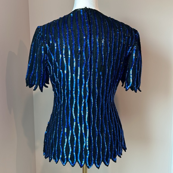 Vtg STENAY 100% Silk Top Black Blue Sequin Beaded Stripe Silk Short Sleeve 80s - Picture 6 of 10